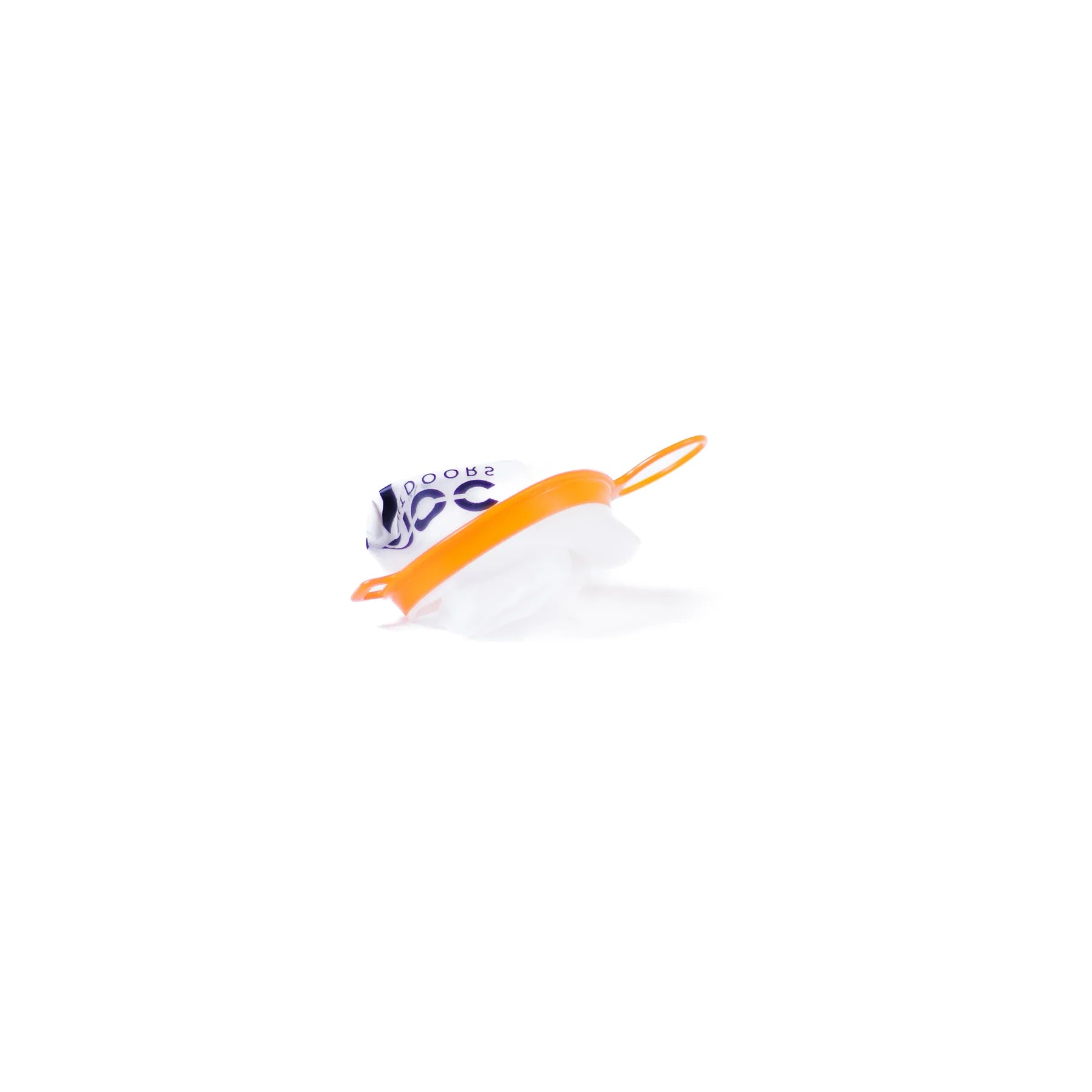 A Cnoc Outdoors CURN cup with an orange rim flattened and collapsed on a white background, demonstrating how compactly it folds down for storage.