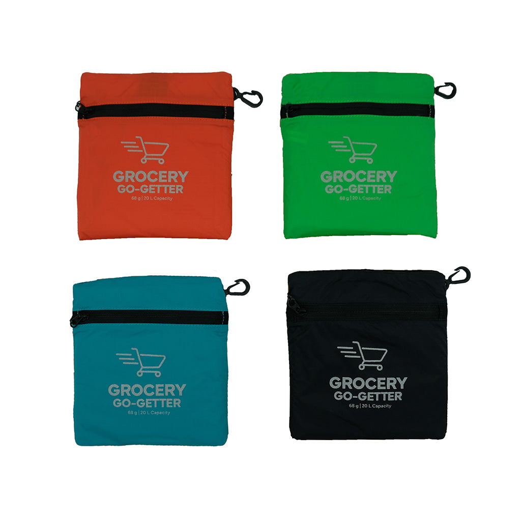Four Grocery Go Getters in their stored state showing each offered color. Orange, Green, Blue, Black