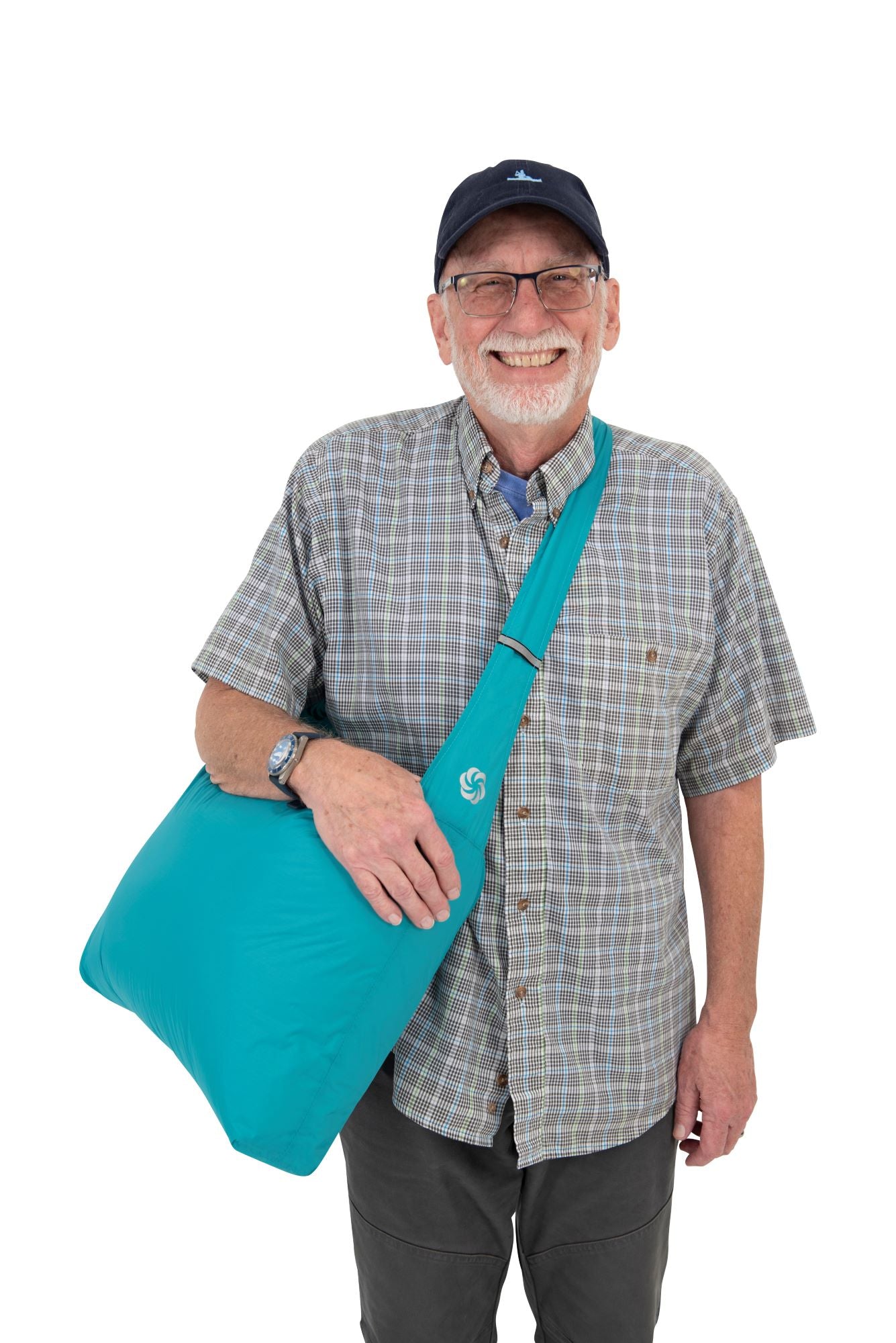 Blue Grocery Go Getter being worn by a man in a cross body position.