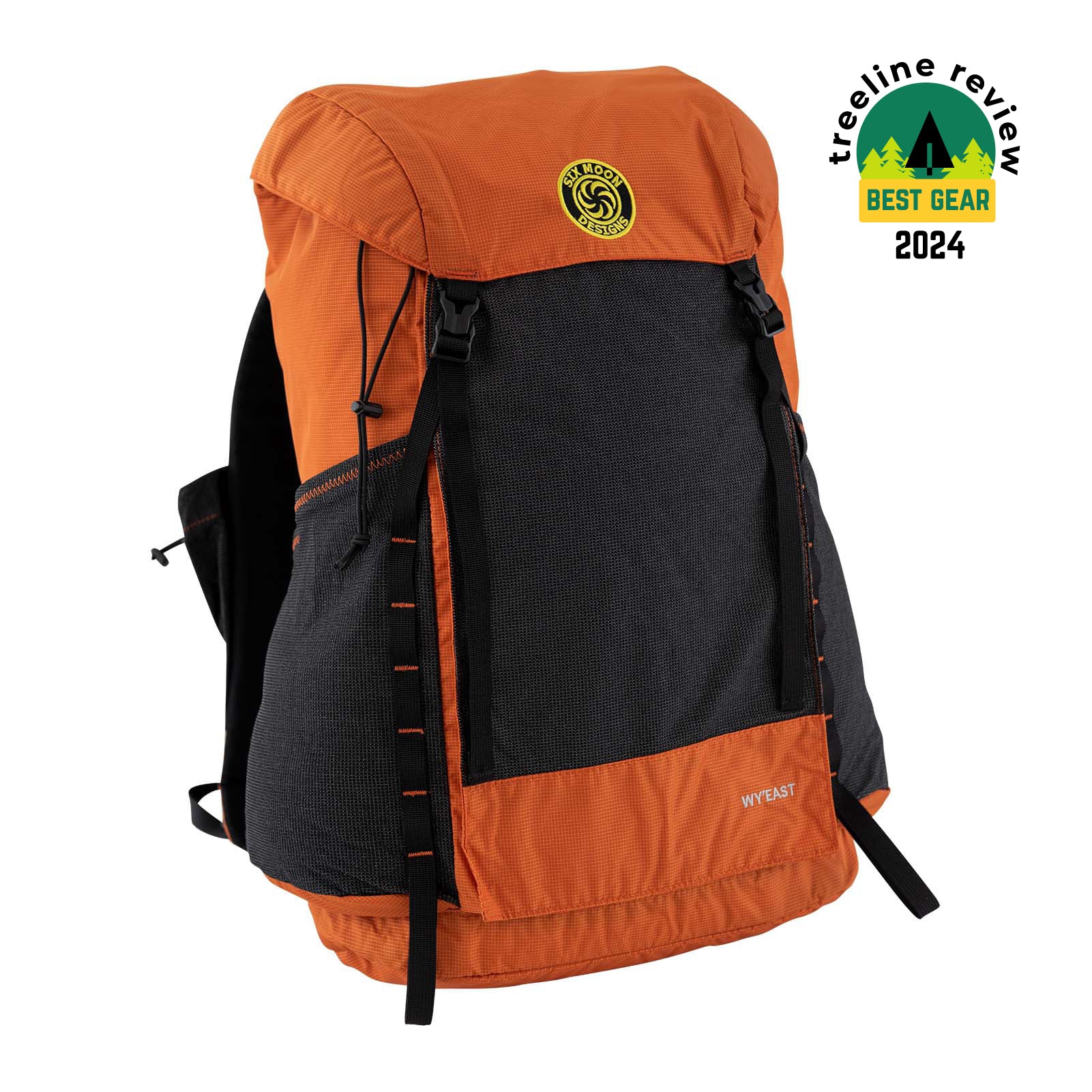 Wy'east backpack in orange with a white background. Also showing an award from Treeline review for Best Gear 2024