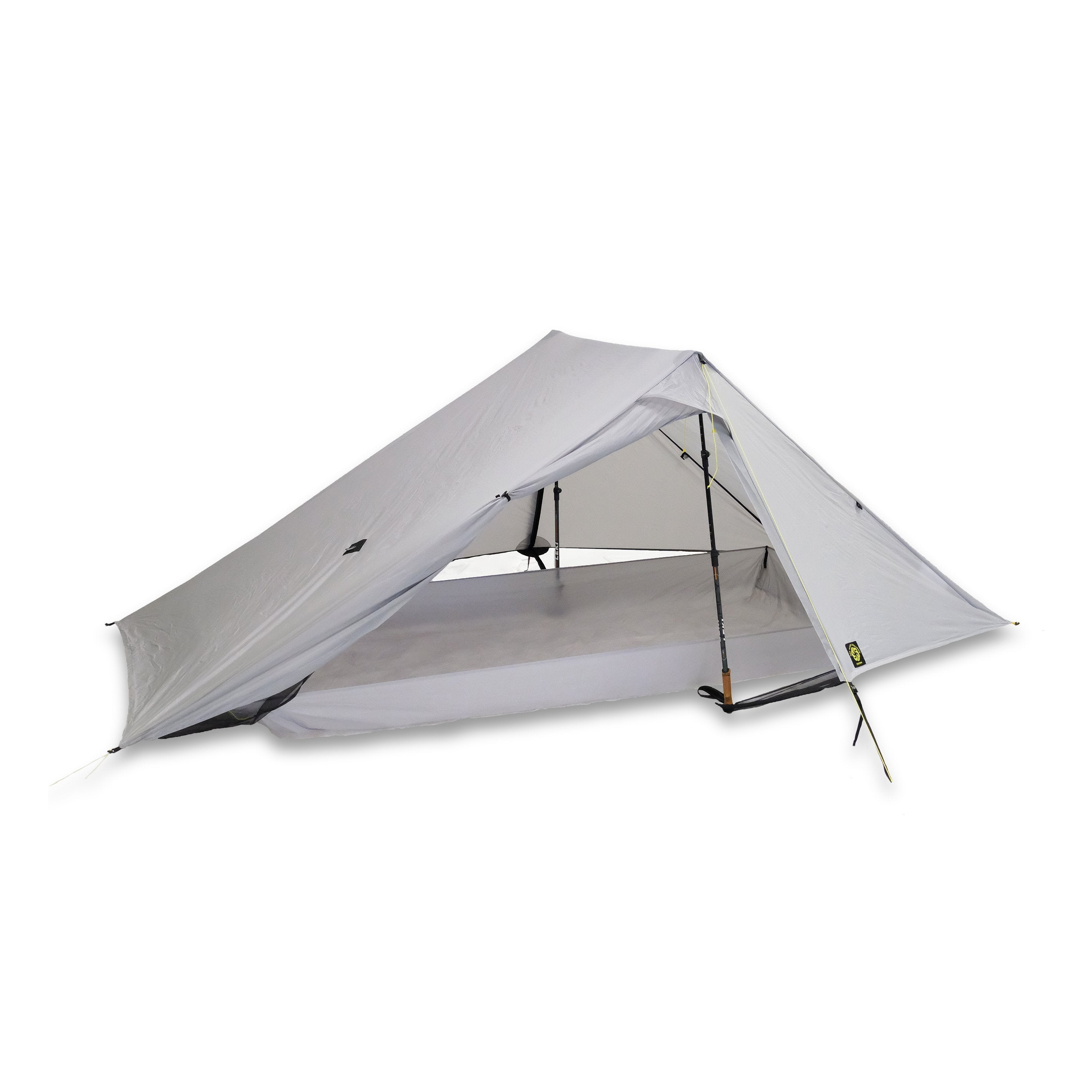 Gray Owyhee Tarp on a white background. One Vestibule Door open