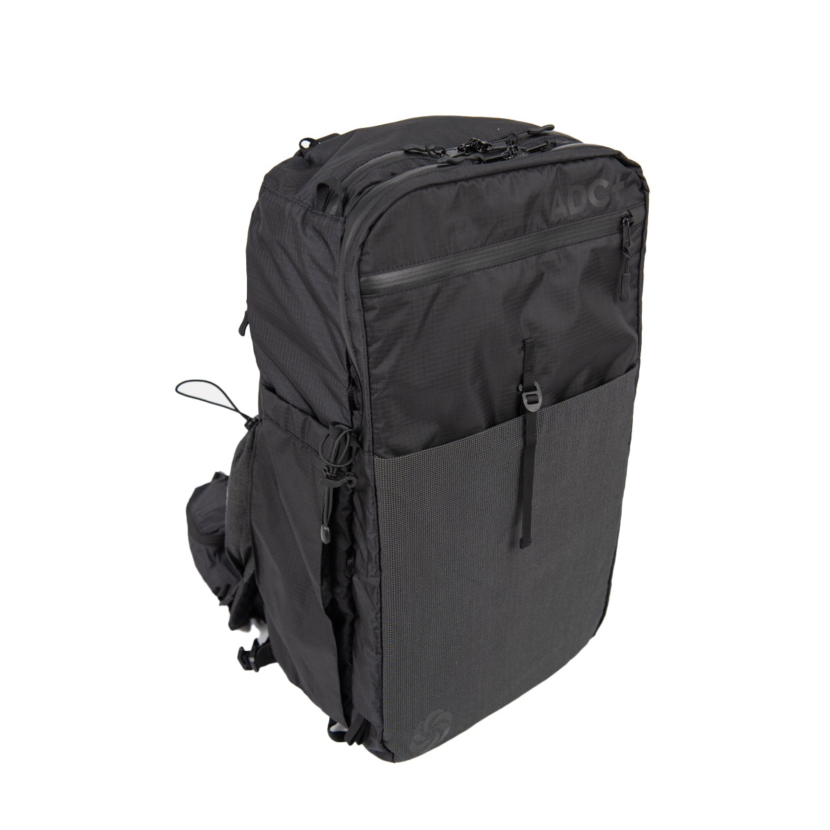 ADC plus Backpack in robic black angled to the side showing front and left side on a white background