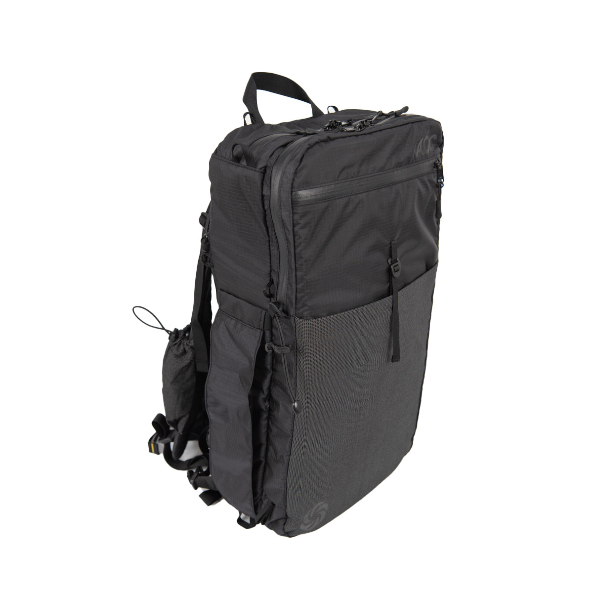 ADC Backpack in robic black angled to the side showing front and left side on a white background