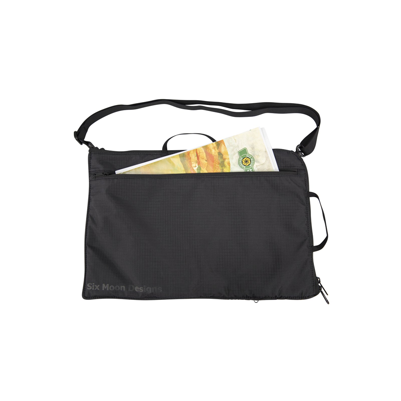 Black Laptop Sleeve with a strap on a white background with the Six Moon Designs Logo and a Piece of paper coming out of the rear pocket indicating the size.