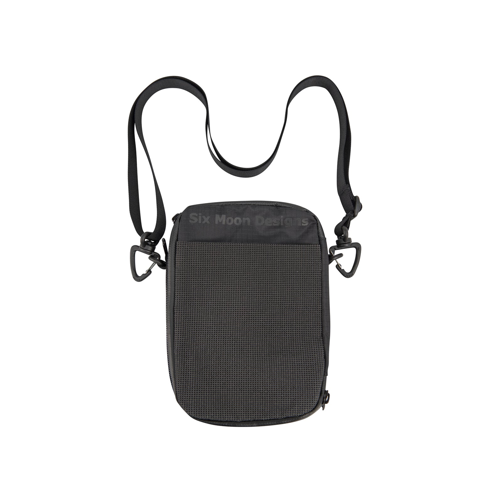Back of Black crossbody Passport Pouch with a strap on a white background