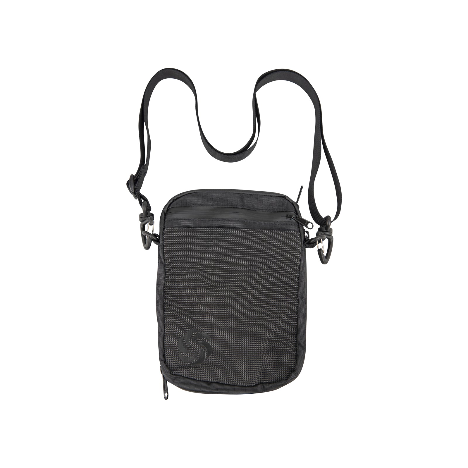 Black crossbody Passport Pouch with a strap on a white background