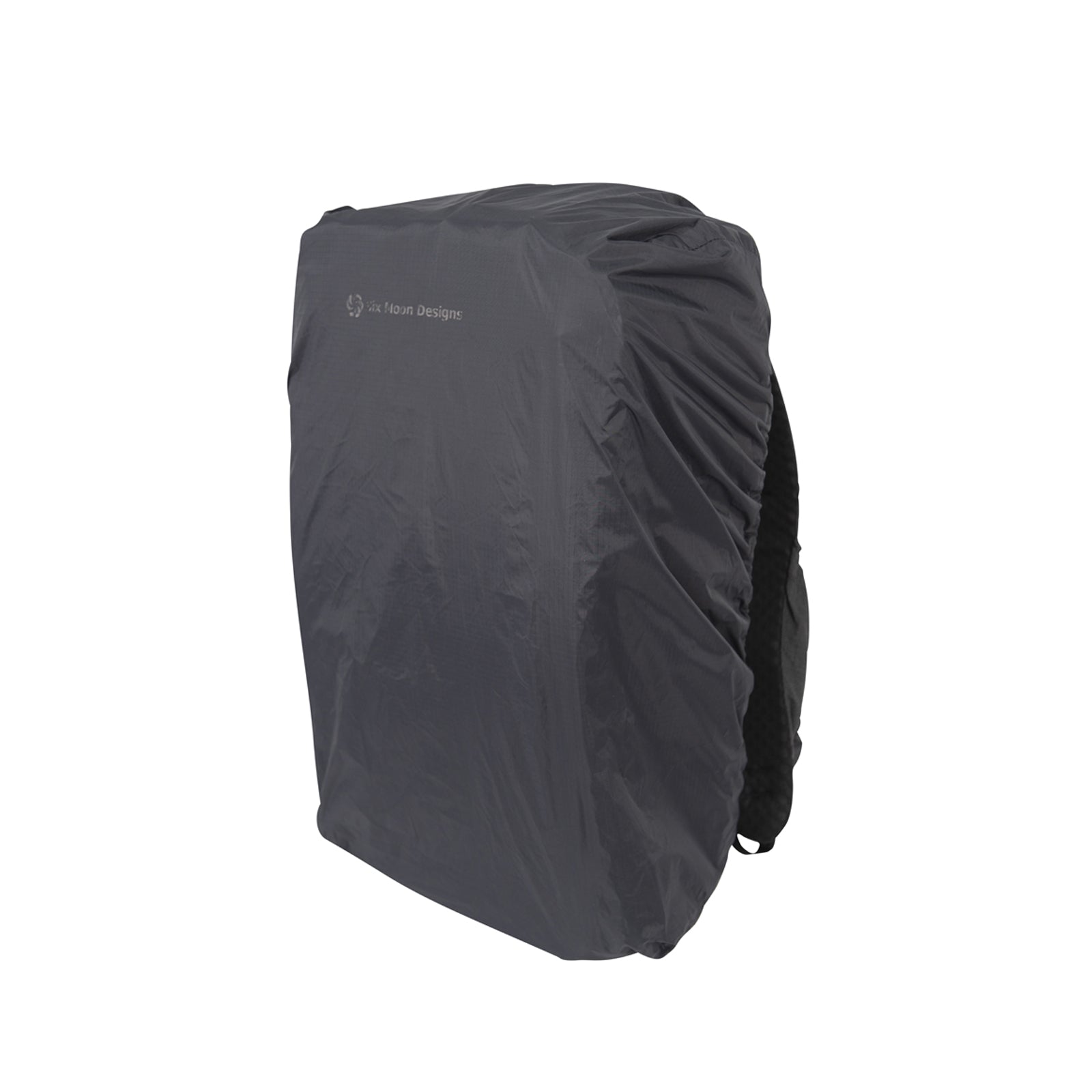 Black Shower Cap on a backpack with a visible Six Moon Designs logo on a white background facing 3/4 to the side.