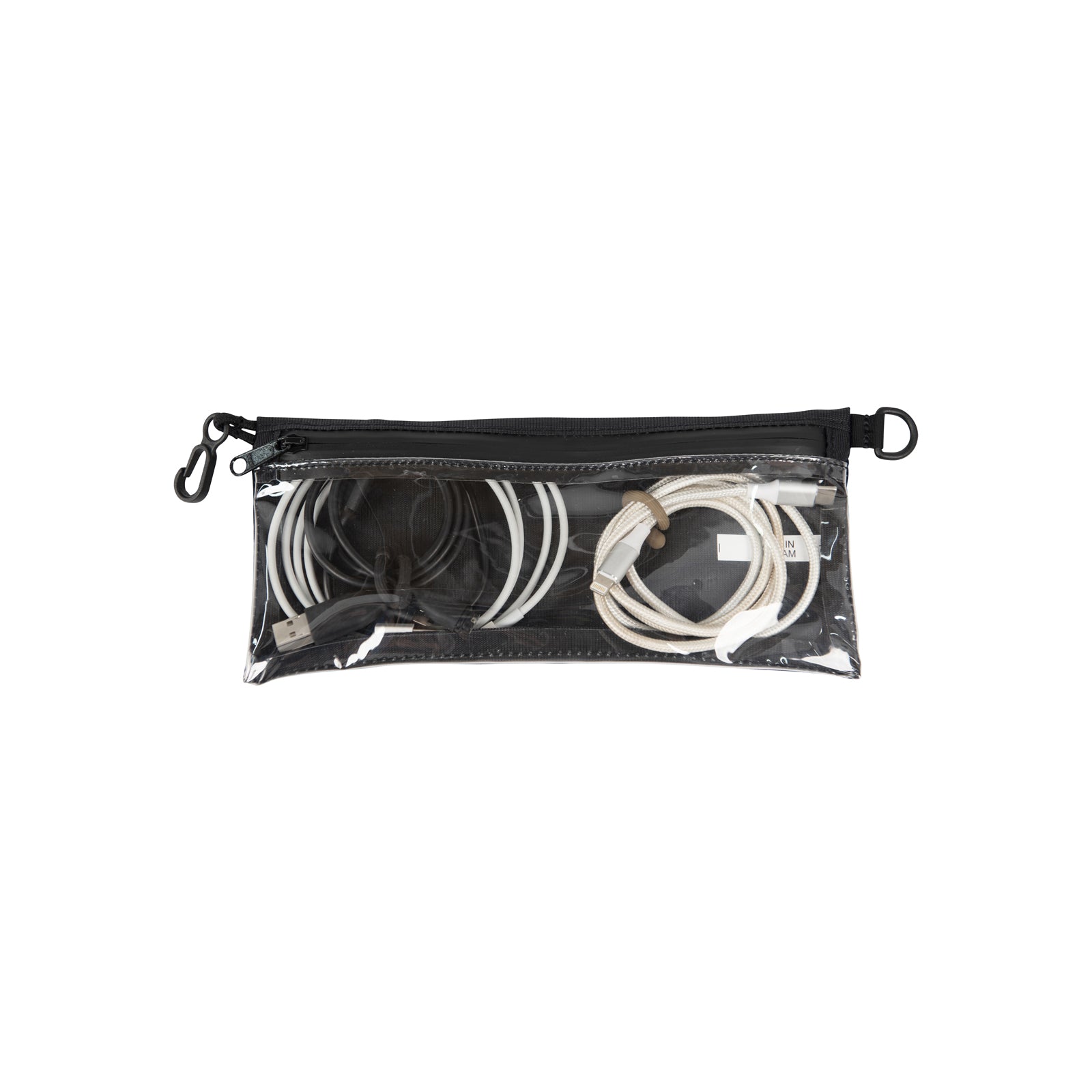 A Small Zip Pouch with a black zipper and clear front material showing the contents containing various charging cables