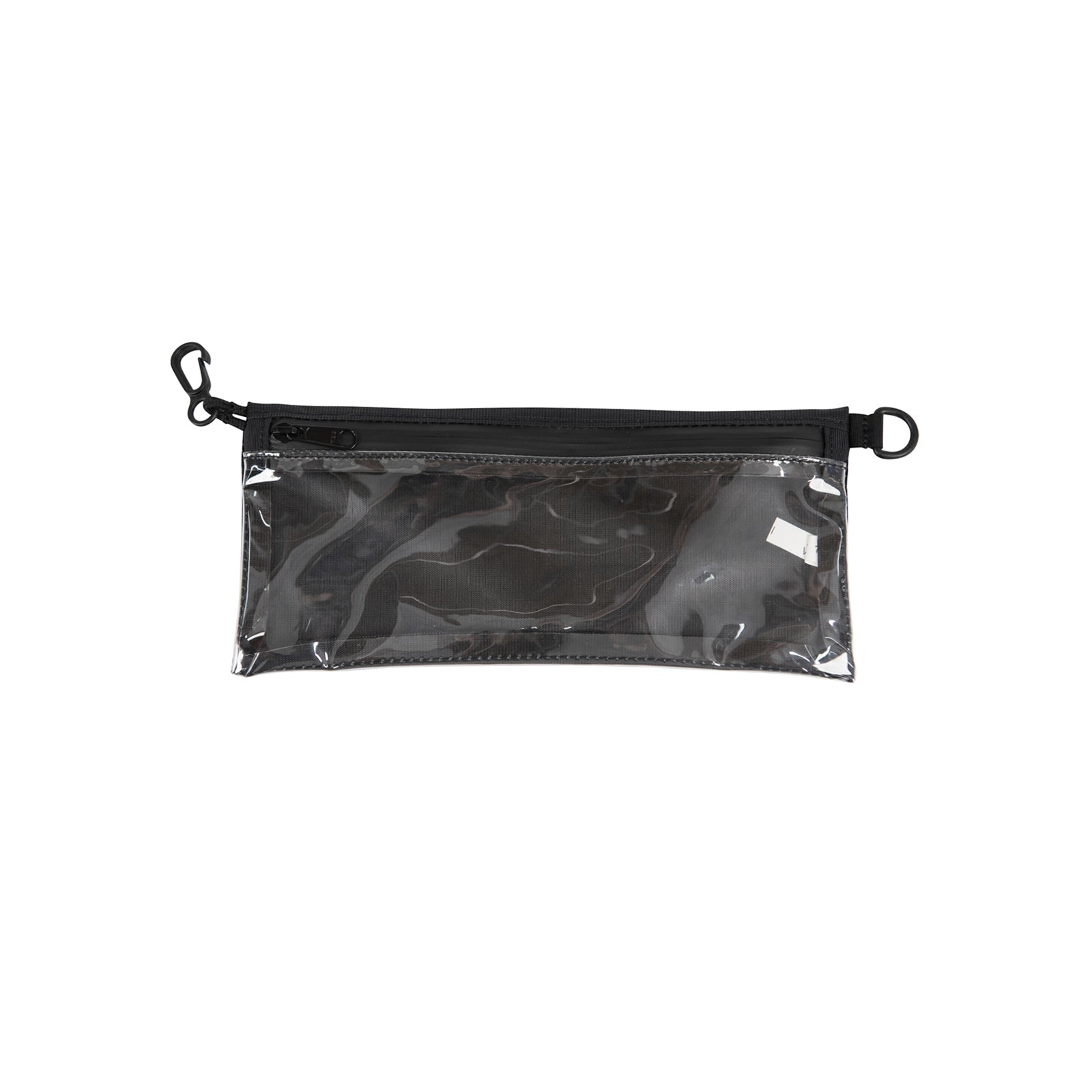 A Small Zip Pouch with a black zipper and clear front material with nothing inside