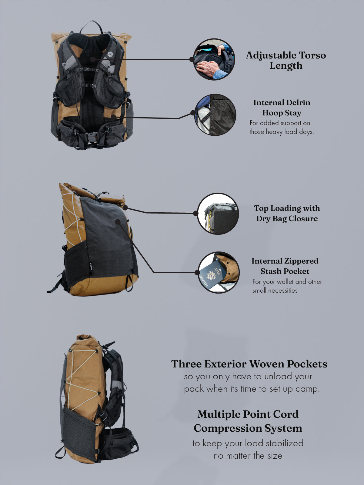 Swift X Backpack Features
Adjustable Torso Length, Internal Delrin hoop Stay, Top Loading Dry bag Closure, Internal zippered stash pocket, Three Exterior Woven Pockets, Multiple point cord compression system