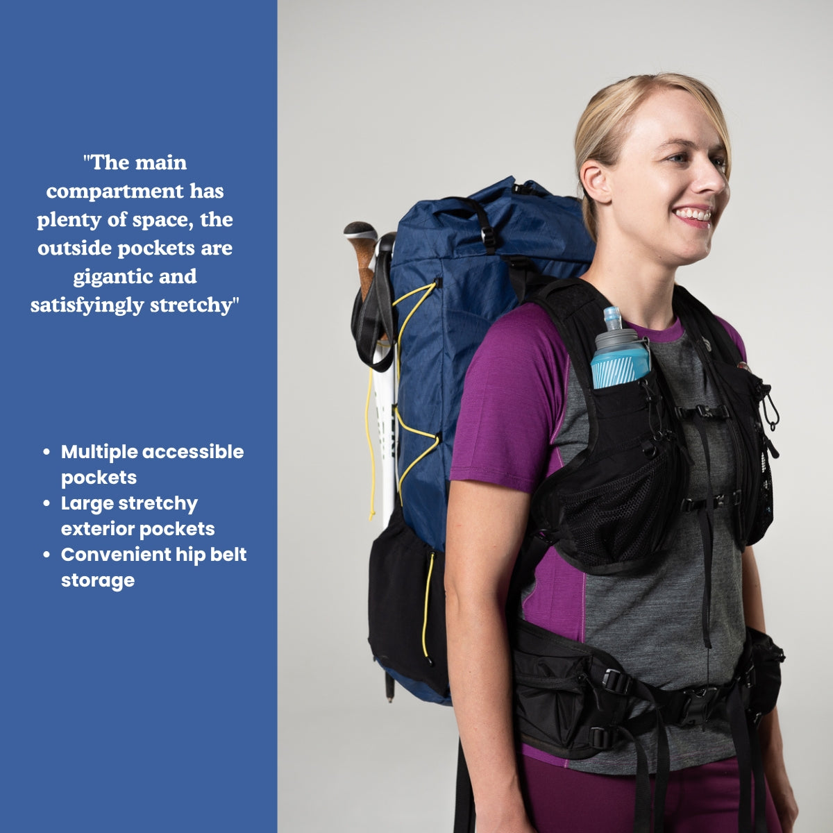 Person wearing a Swift X backpack with text describing its features on a blue and gray background
