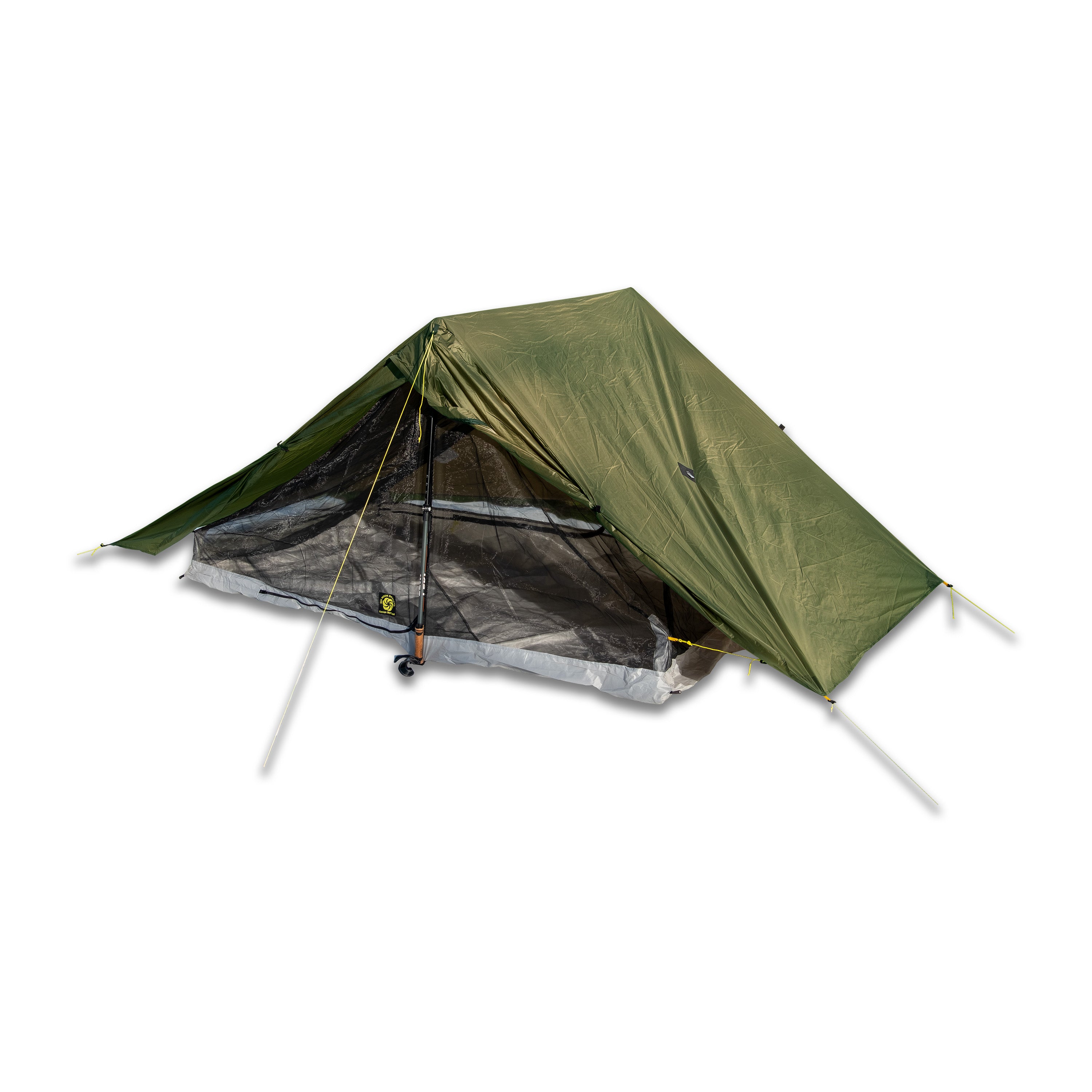 Green Haven Tarp with Haven NetTent set up inside with the door open.