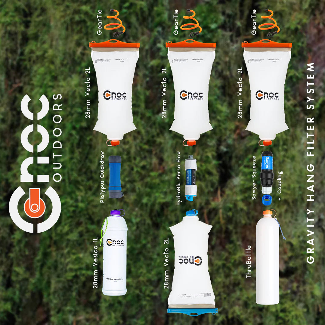 Graphic showing how the CNOC Vecto can be used with different Sawyer Filters and attached to different other CNOC products.  