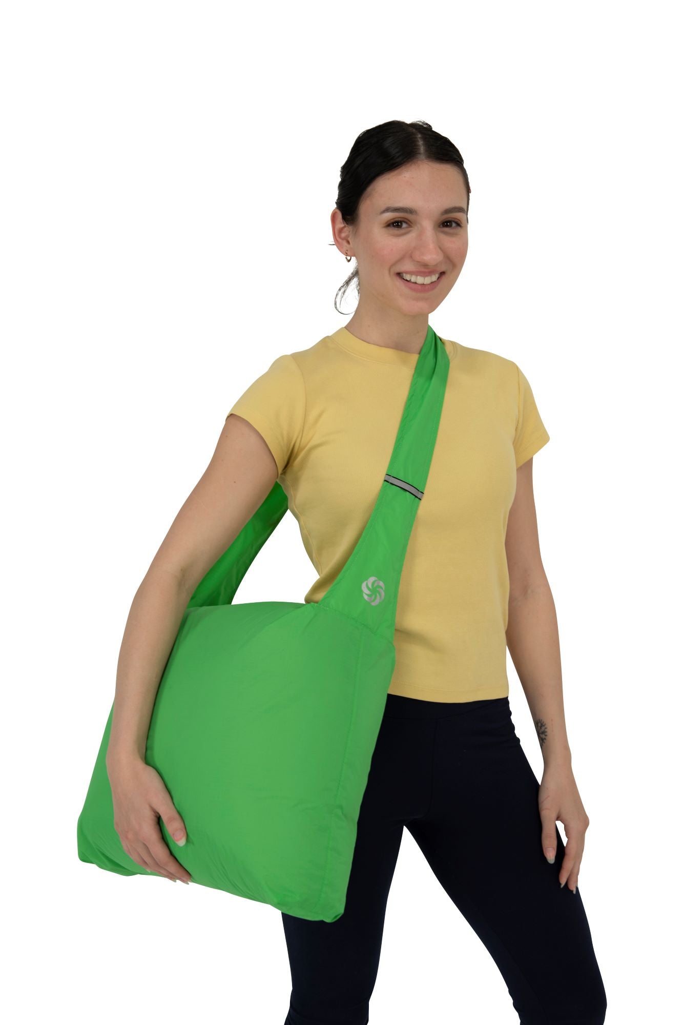 Green Grocery Go Getter being worn by a woman in a cross body position 