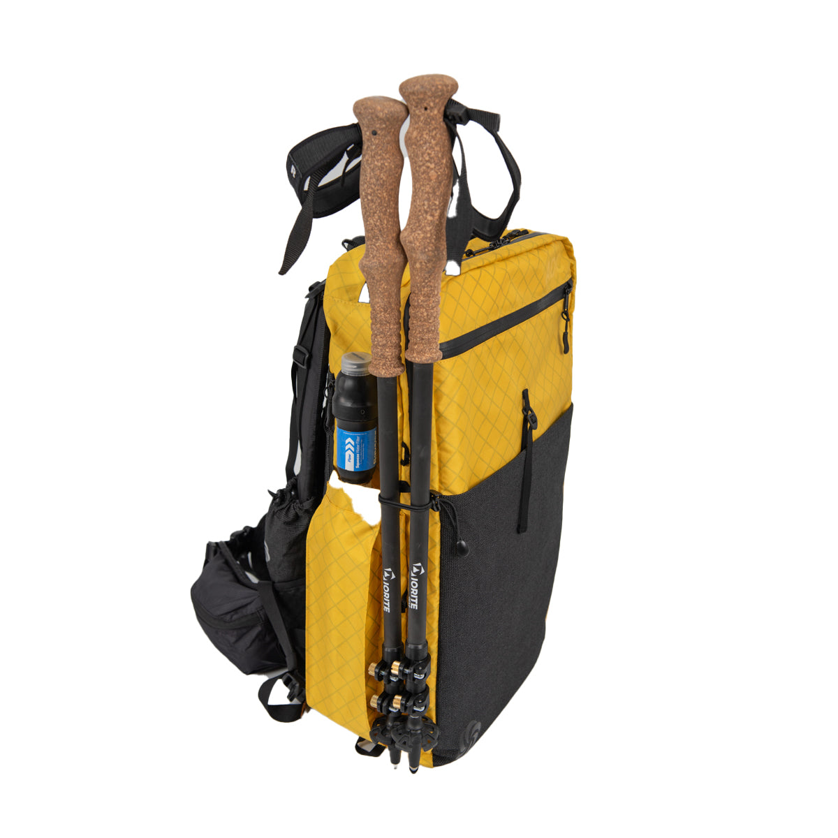 ADC Golden Dazy with a water bottle and a Sawyer Filter, with Trekking poles.  Corner angle on a white background.  
