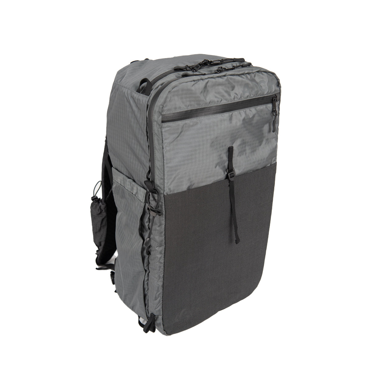 ADC plus Backpack in robic gray angled to the side showing front and left side on a white background