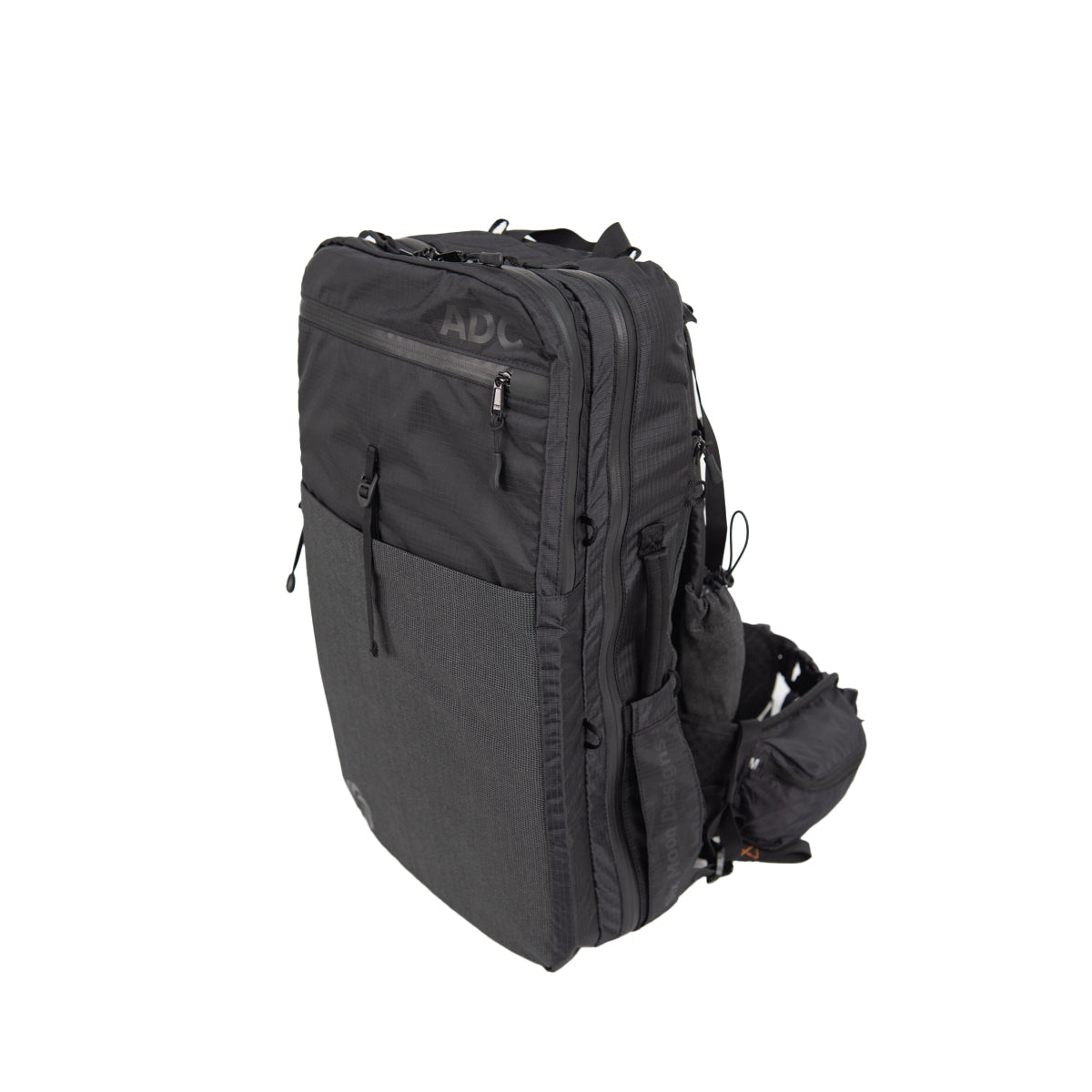 ADC Backpack in robic black angled to the side showing front and right side on a white background