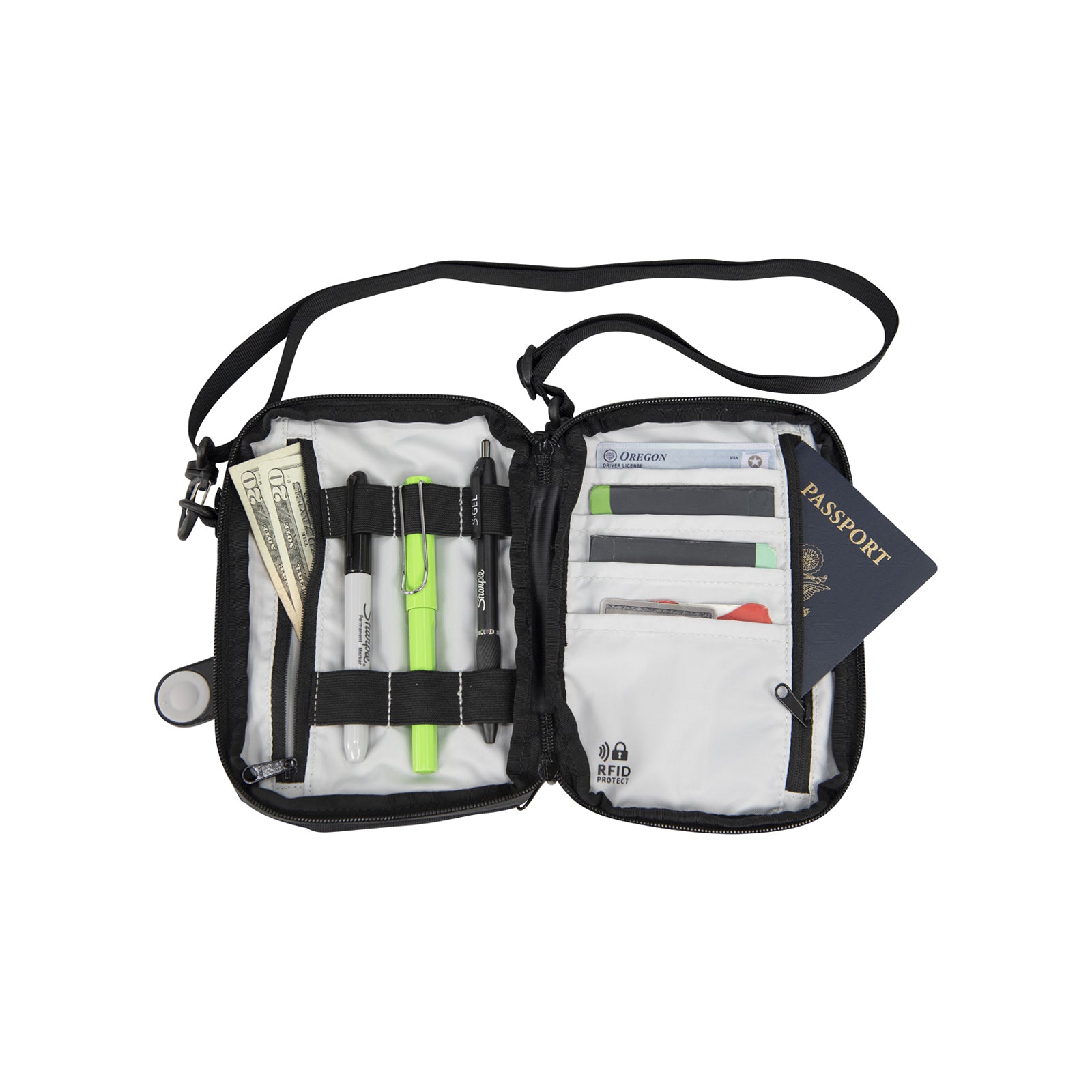 Black crossbody Passport Pouch open showing cash inside a pocket and a few pens some credit cards and a passport in another zippered pocket.  With a strap on a white background