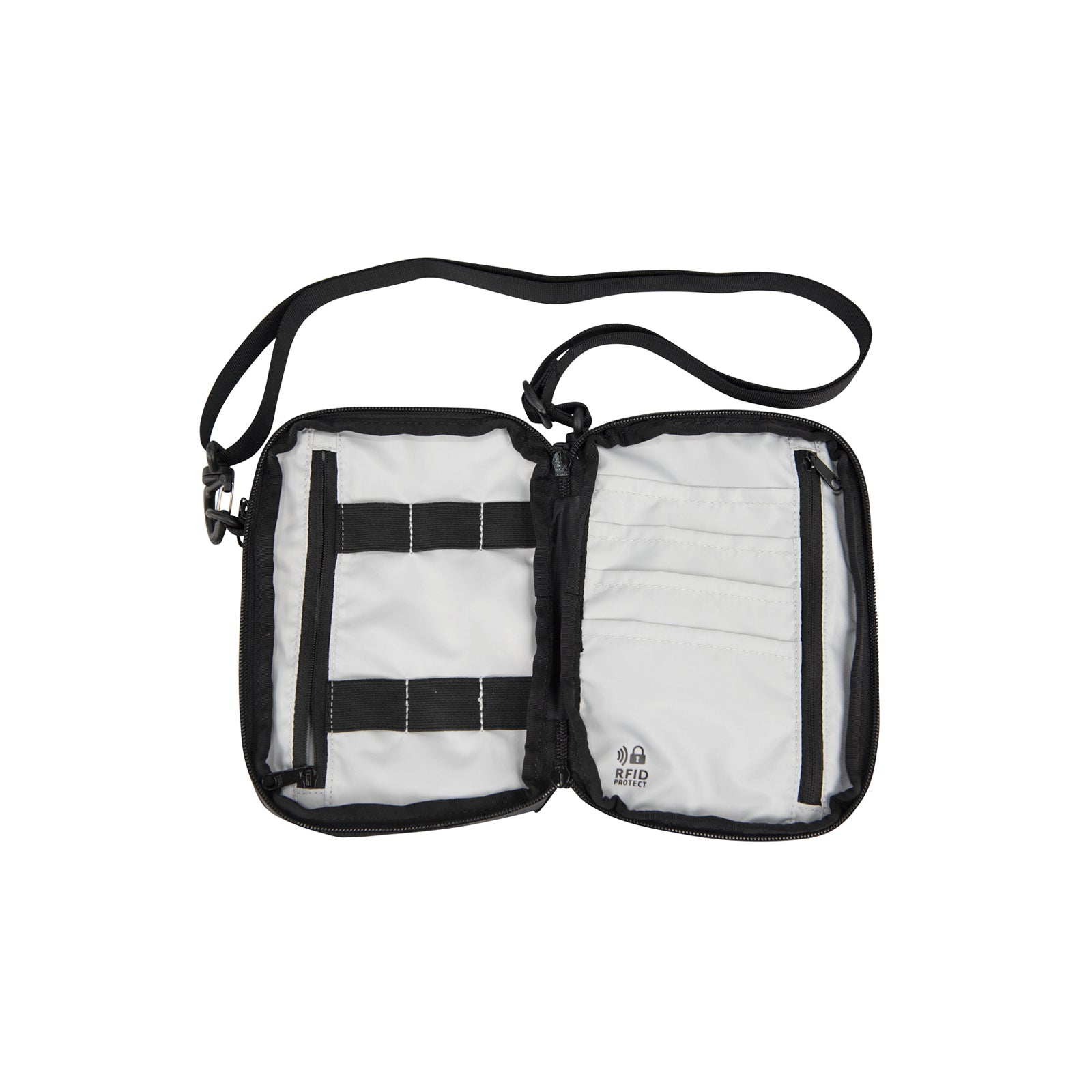 Black crossbody Passport Pouch open showing all of the pockets but they are all empty.  With a strap on a white background