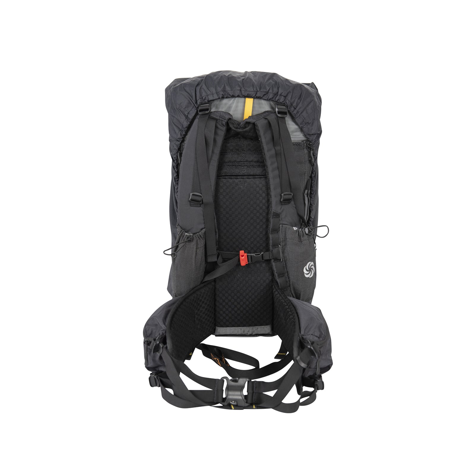 Black Shower Cap on a backpack showing how it fits over the pack and the straps are still accessible  