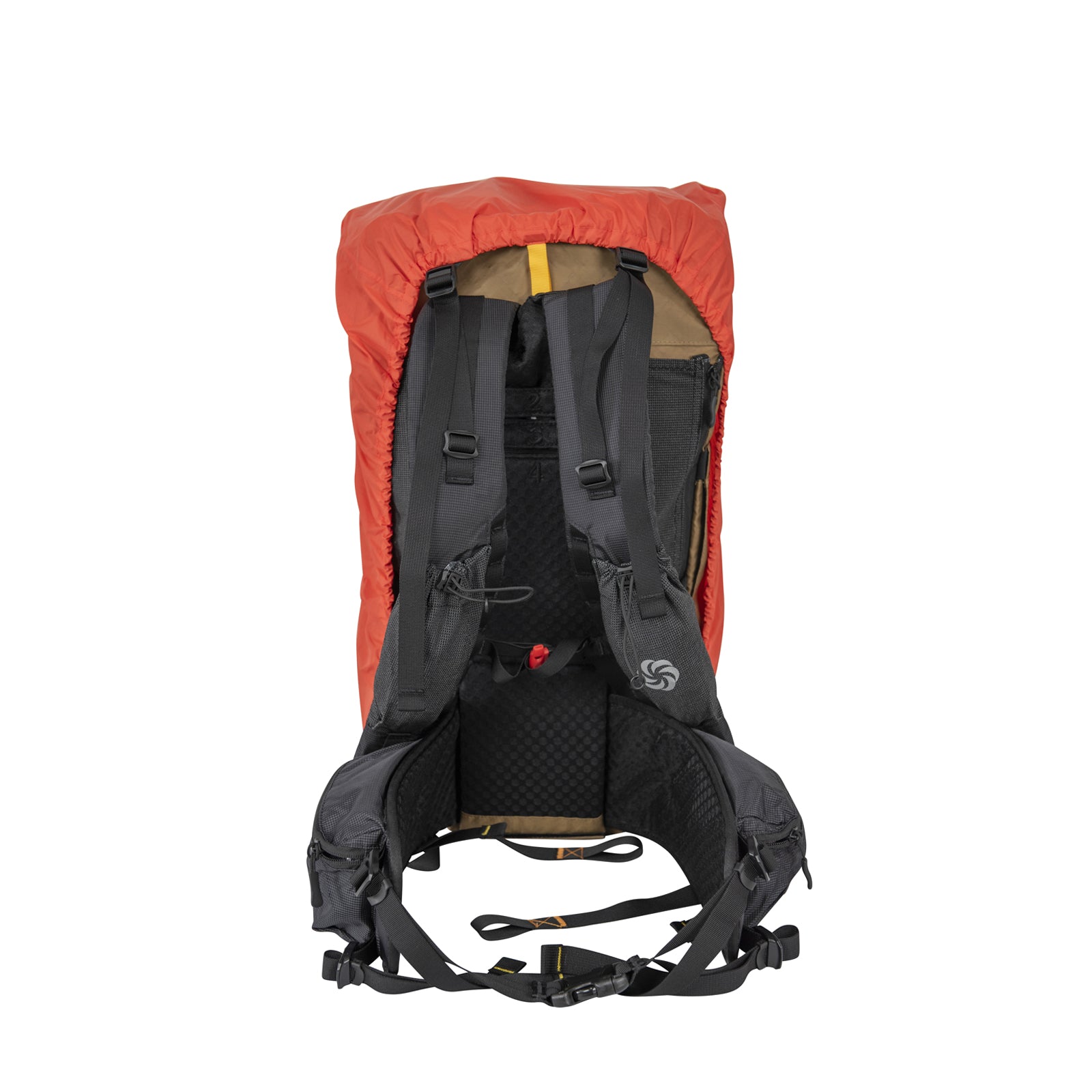 Orange Shower Cap on a backpack showing how it fits over the pack and the straps are still accessible  