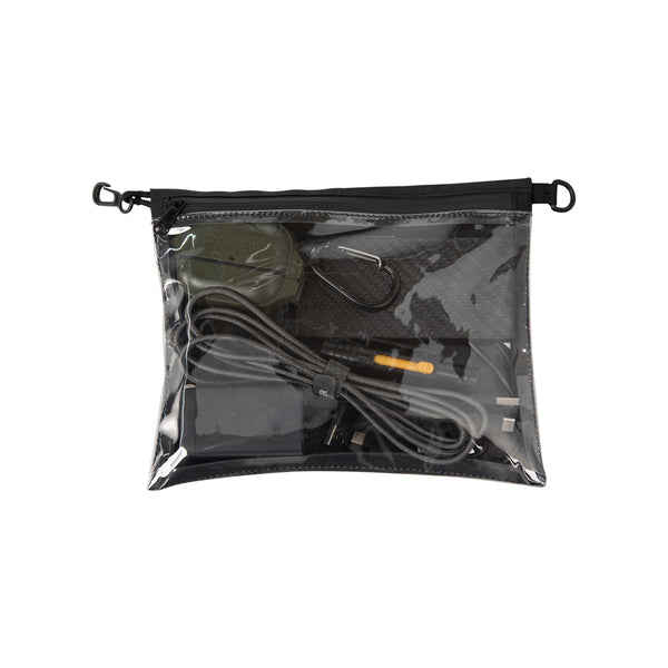 A Large Zip Pouch with a black zipper and clear front material showing the contents containing various items such as a flashlight and cables.