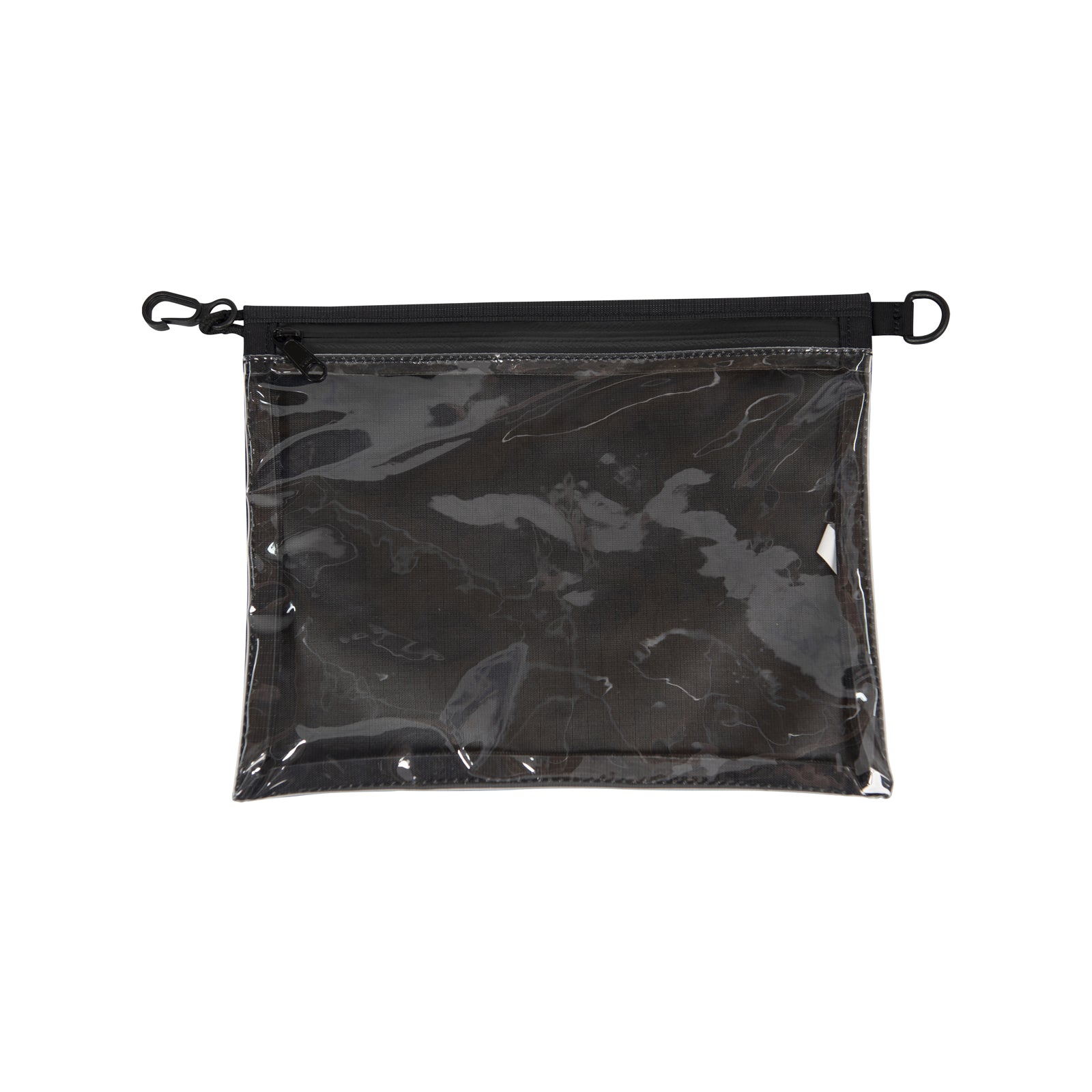 A Large Zip Pouch with a black zipper and clear front material with nothing inside