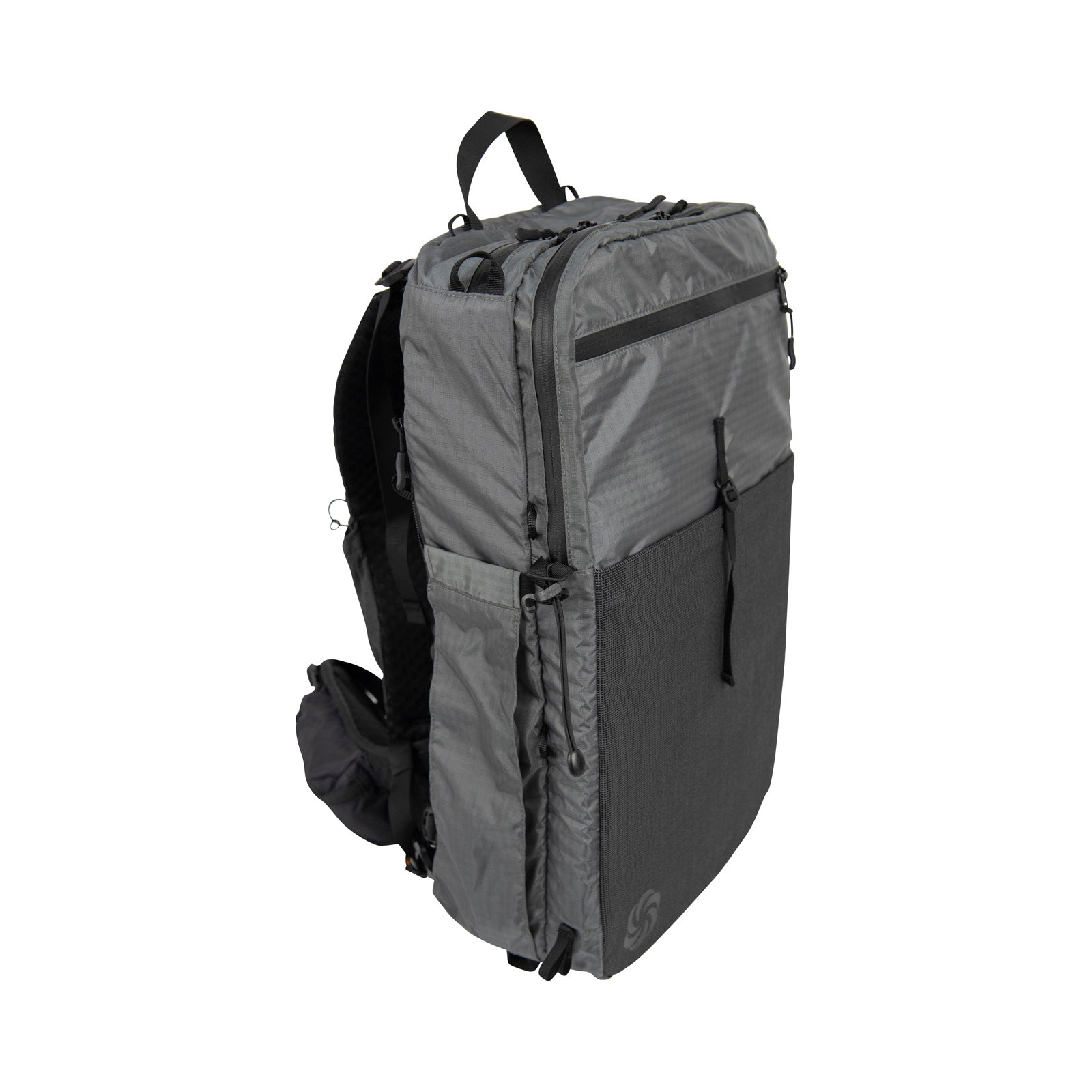 ADC Backpack in Robic gray angled slightly showing the front and left side on a white background