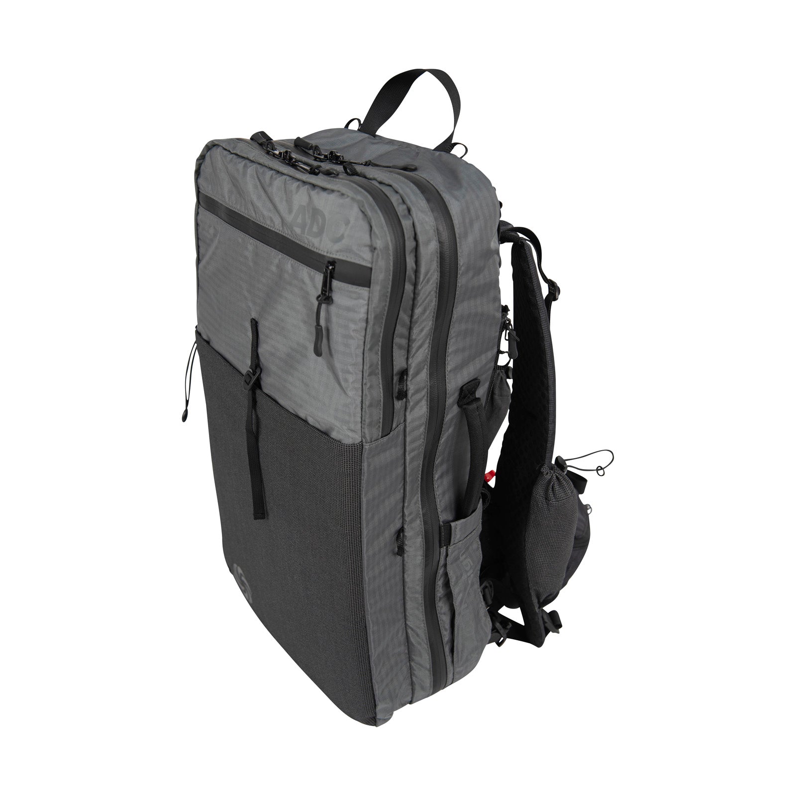 ADC Backpack in Robic gray angled slightly showing the front and right side on a white background