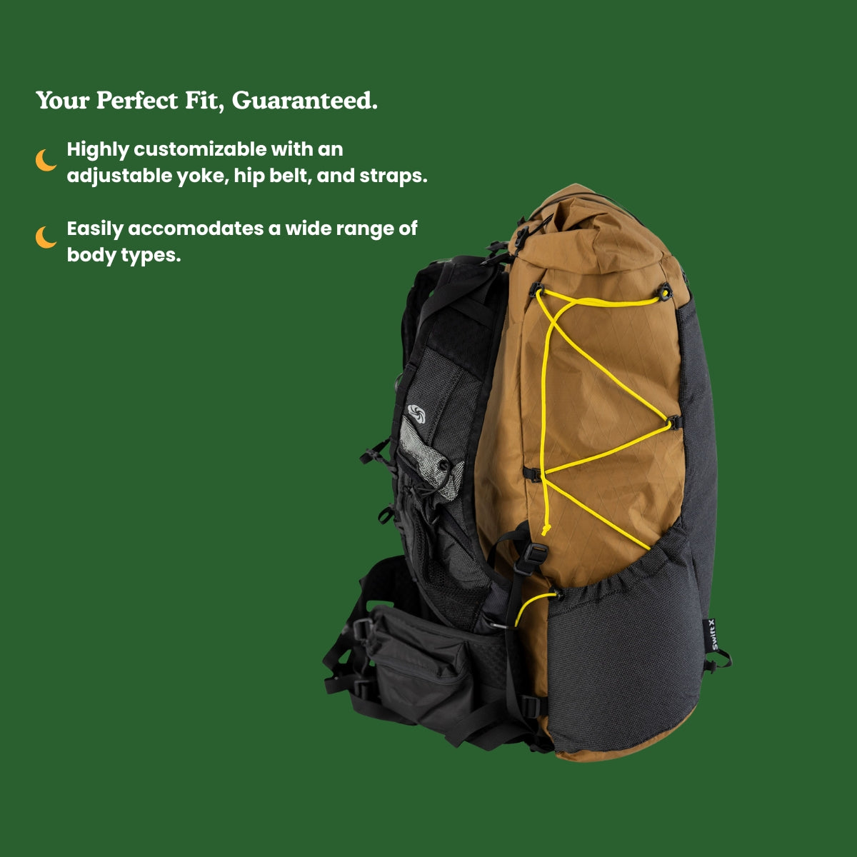 Swift X - your perfect fit, guaranteed.
An image showing the left side of the pack with some text calling out some features with a green background.