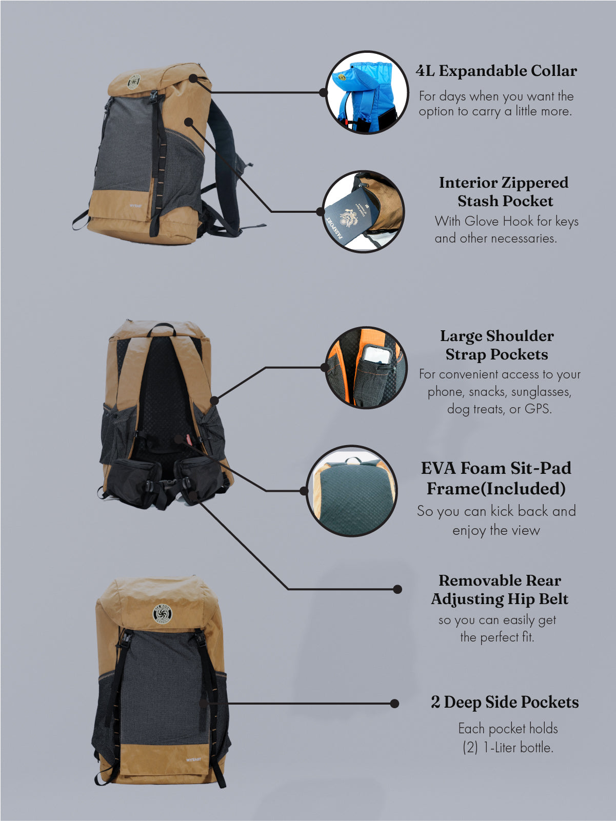 Wy'east Backpack Features

4L Expandable Collar, Interior Zippered stash pocket, Large Shoulder Strap Pockets, EVA Foam Sit pad Frame (included), Removable Rear Adjusting Hip Belt, 2 Deep Side Pockets