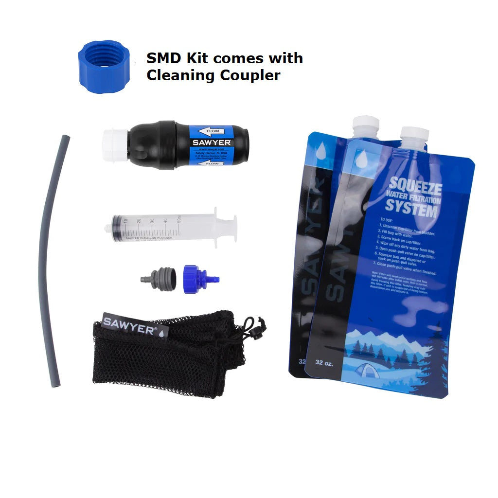 Sawyer Water Filter with the water bags, cleaning coupler, backflow syringe, tubes and other accessories more laid out and shown more clearly on a white background. 