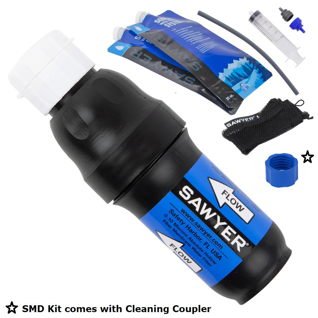 Sawyer Water Filter with the water bags, cleaning coupler, backflow syringe, tubes and other accessories on a white background. 